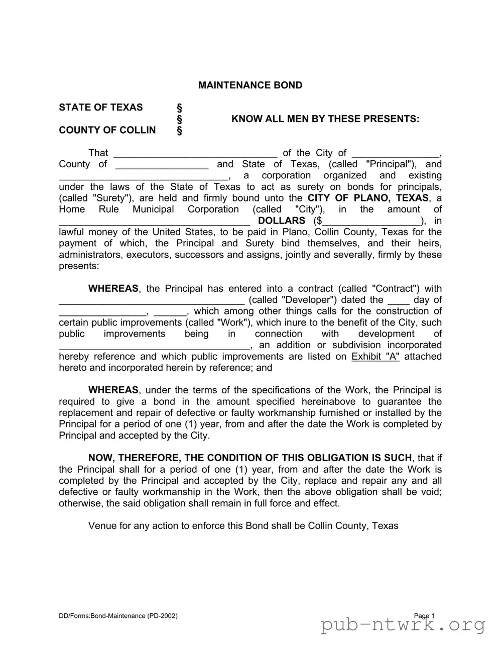 Blank Texas Maintenance Bond PDF Form