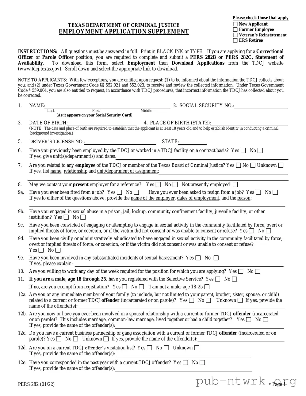 Blank Texas Pers 282 PDF Form