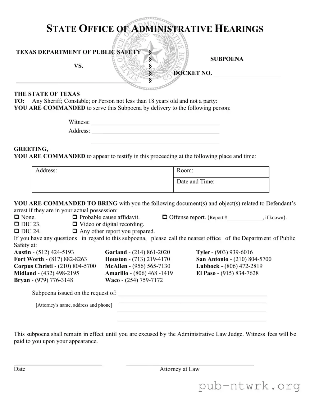 Blank Texas Subpoena PDF Form