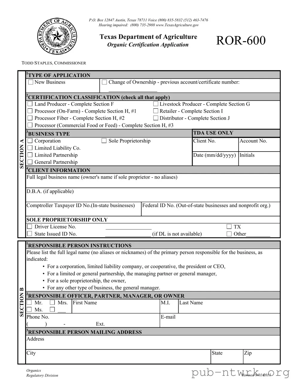 Blank Texas Ror 600 PDF Form