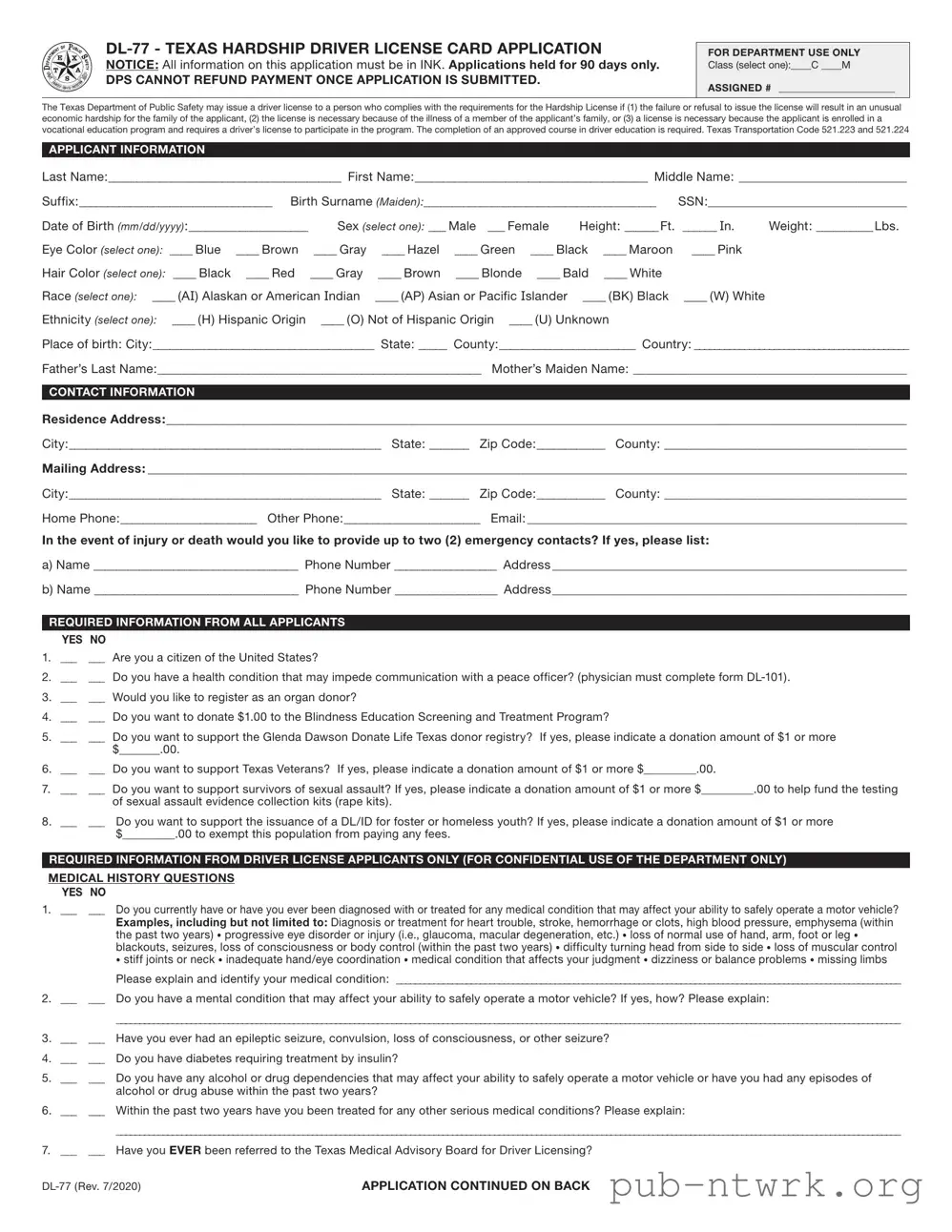 Blank Texas From Dl 77 PDF Form