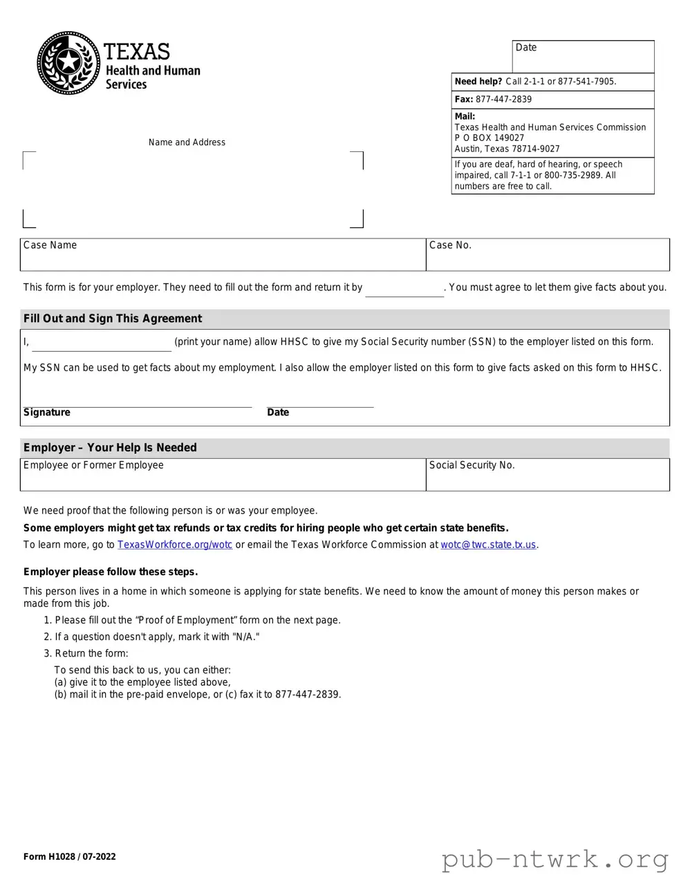Blank Texas Employment Verification PDF Form