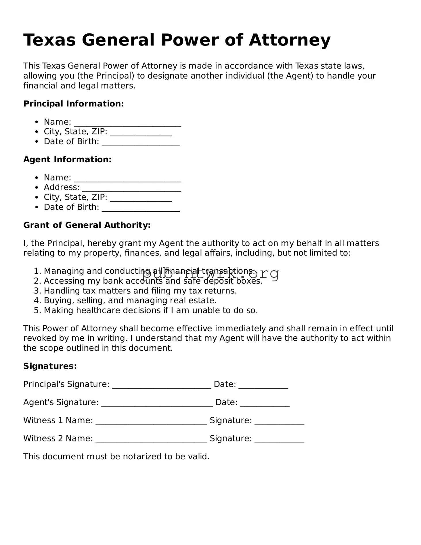 Free Texas General Power of Attorney Form