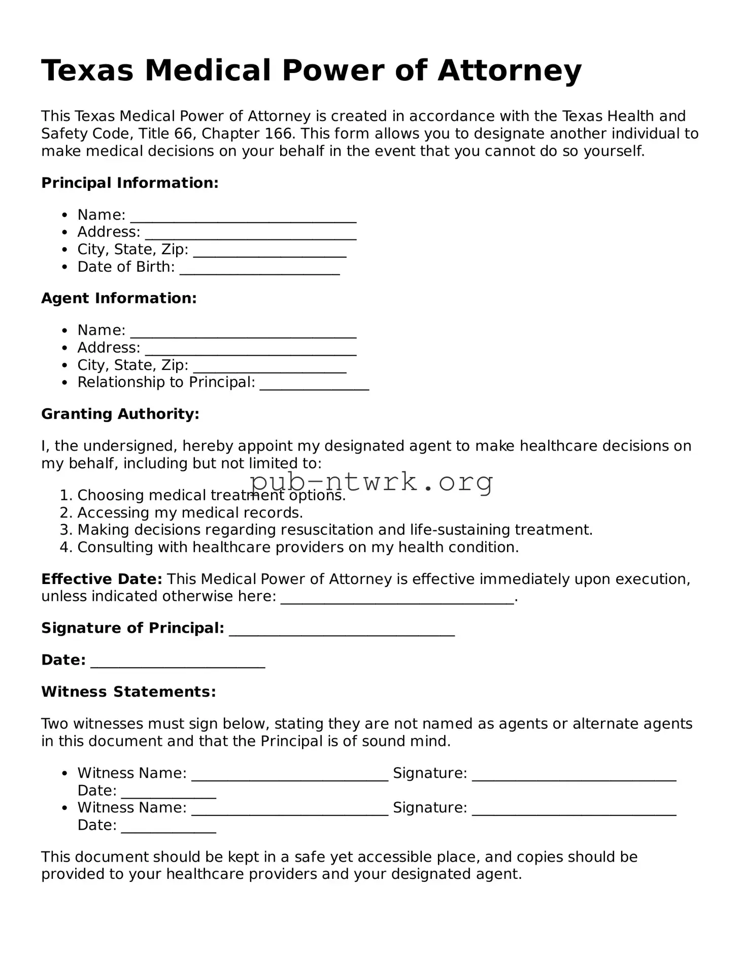 Free Texas Medical Power of Attorney Form