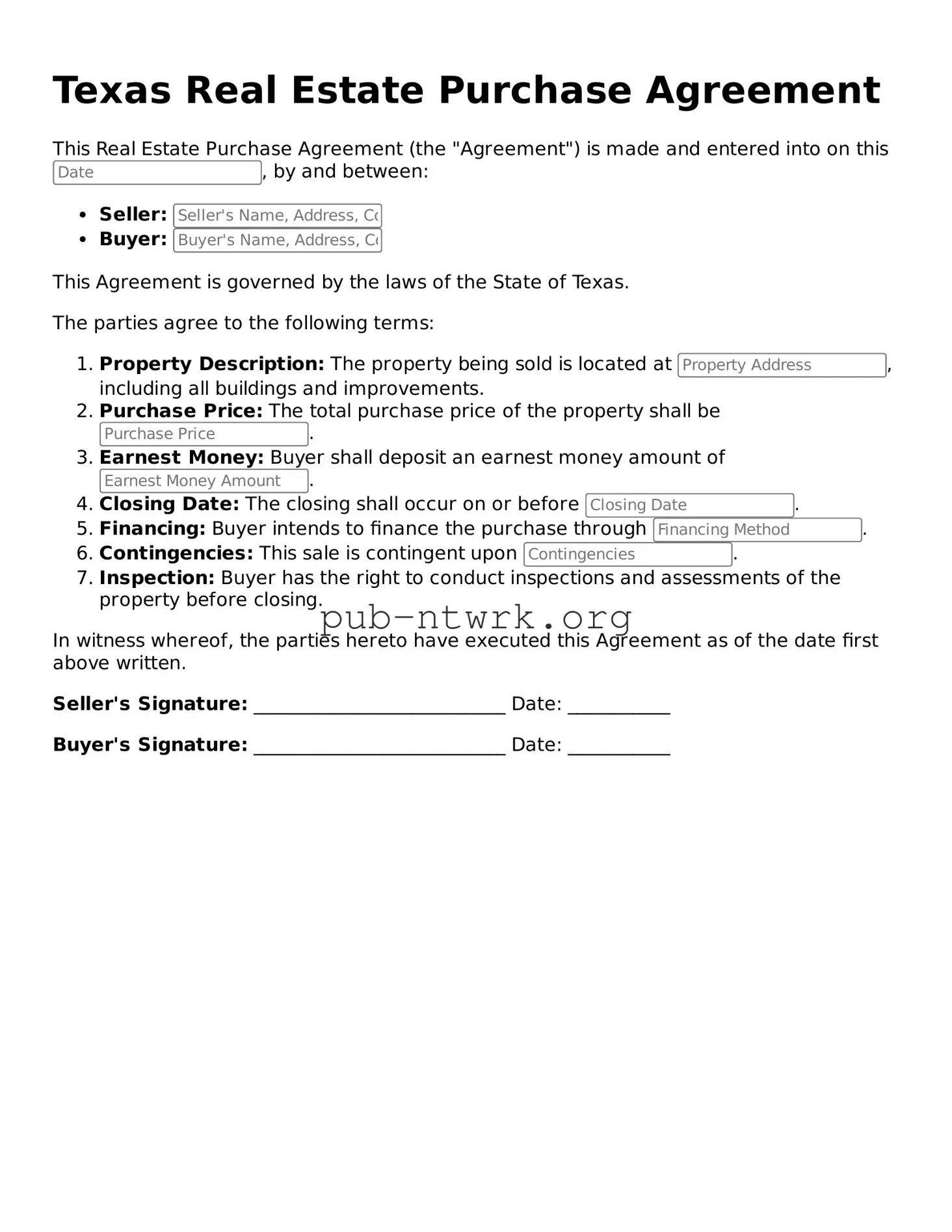 Free Texas Real Estate Purchase Agreement Form