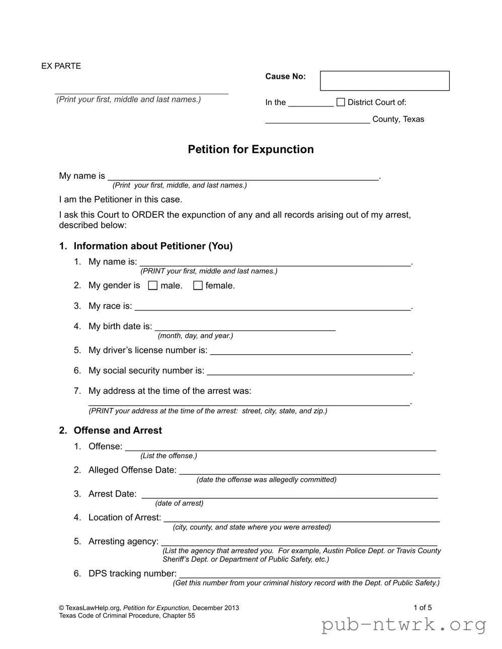Blank Petition Expunction Texas PDF Form