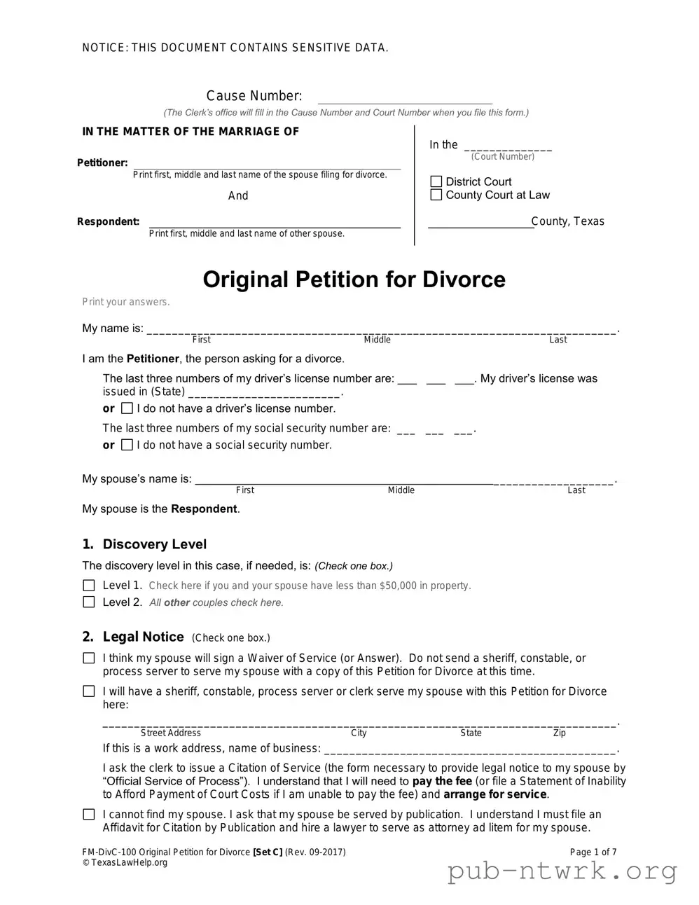 Blank Texas Law Help FM-DivC-100 Original Petition for Divorce Set C PDF Form