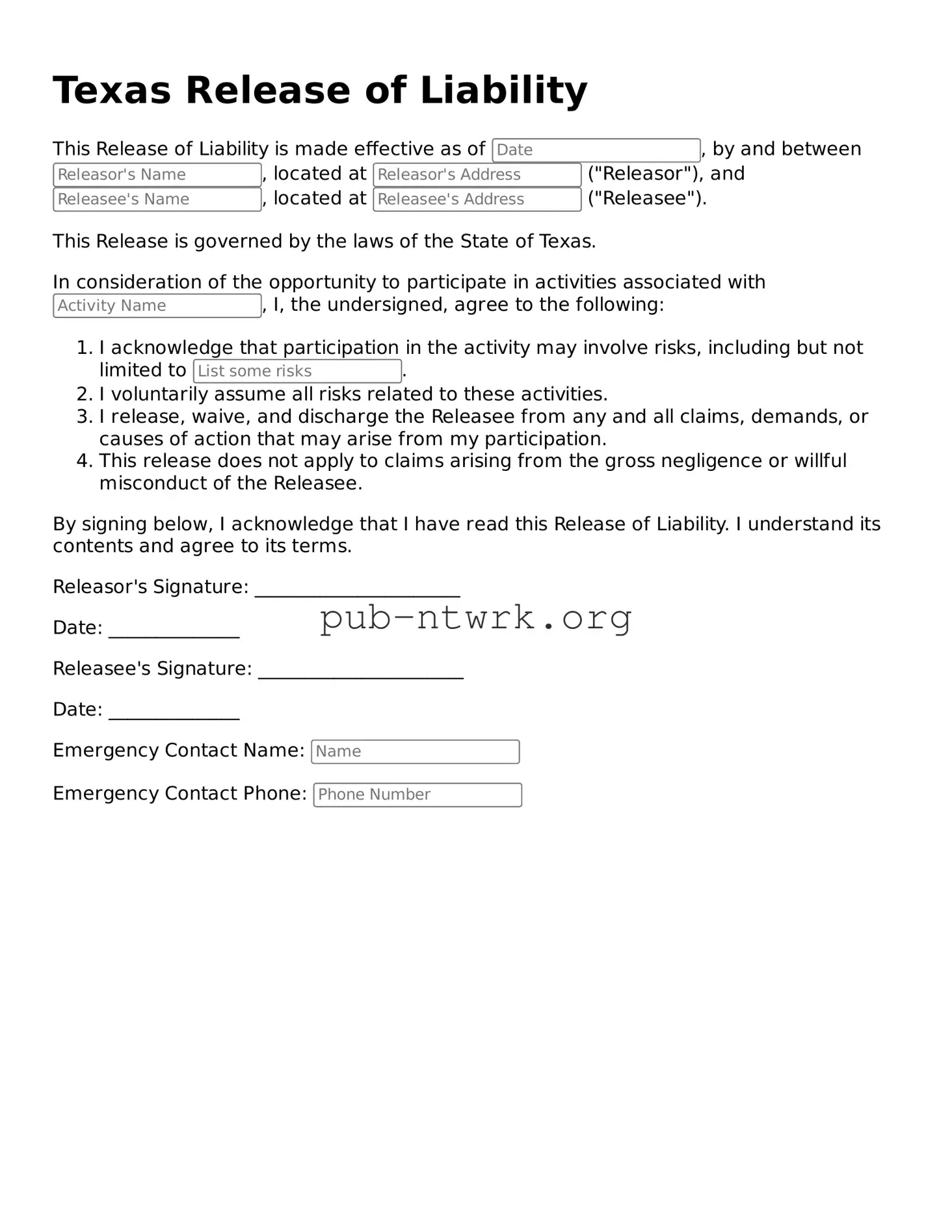 Free Texas Release of Liability Form