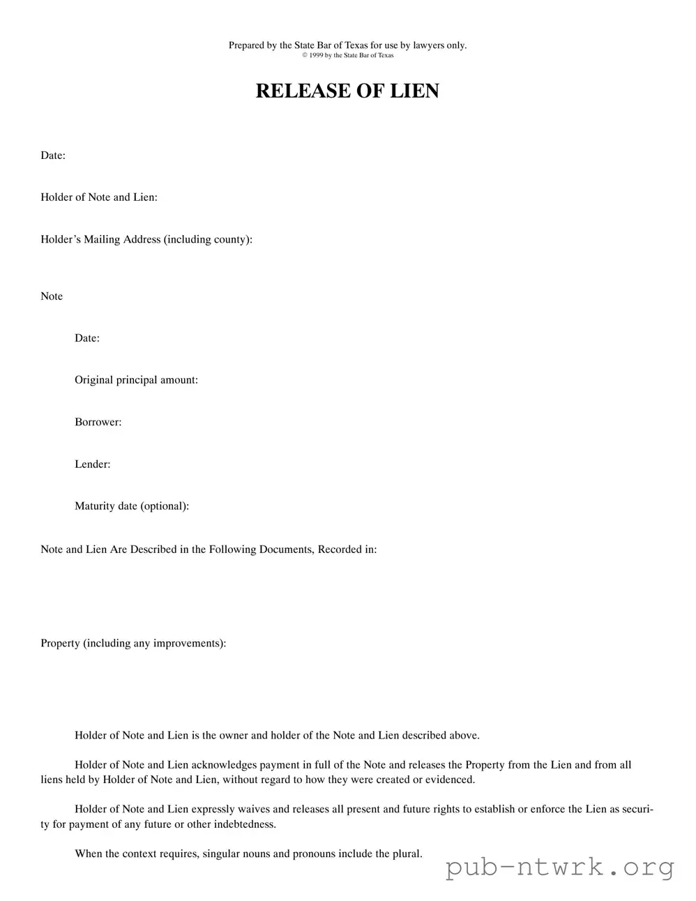 Blank Release Of Lien Texas PDF Form