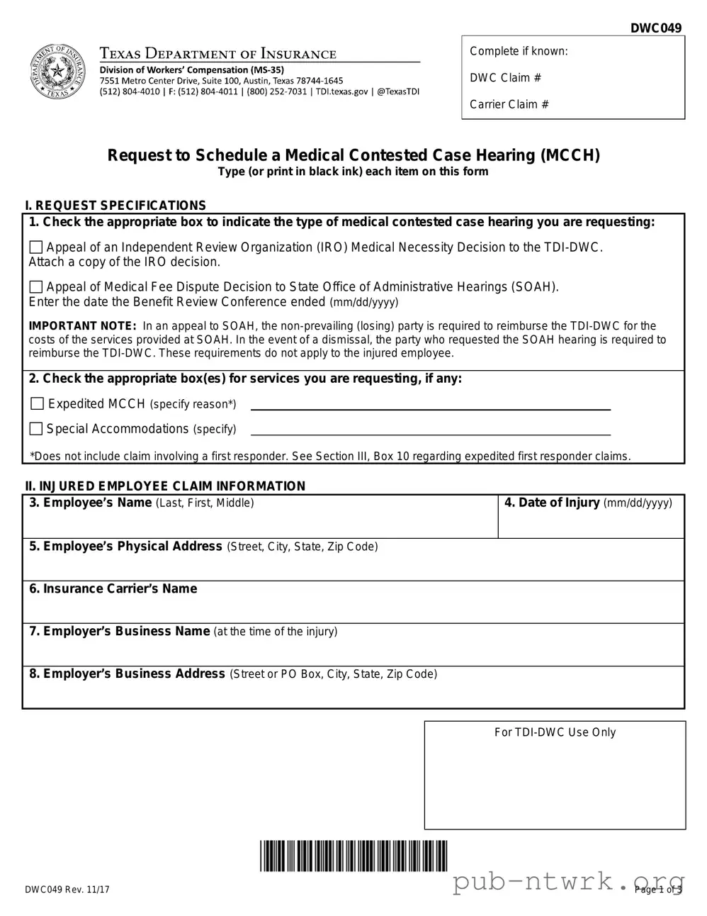 Blank Texas Dwc049 PDF Form
