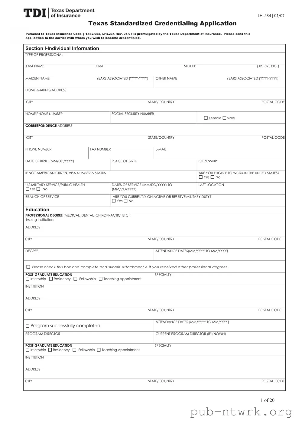 Blank Texas Credentialing Application PDF Form