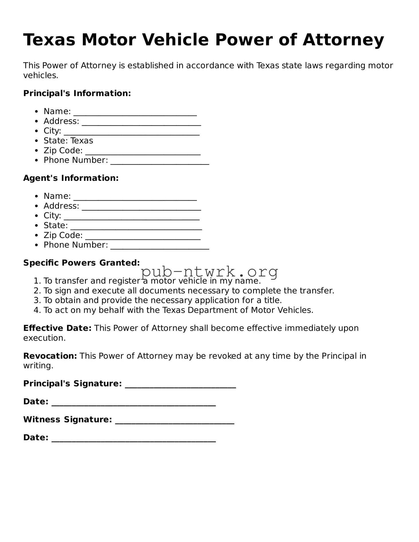 Free Texas Motor Vehicle Power of Attorney Form