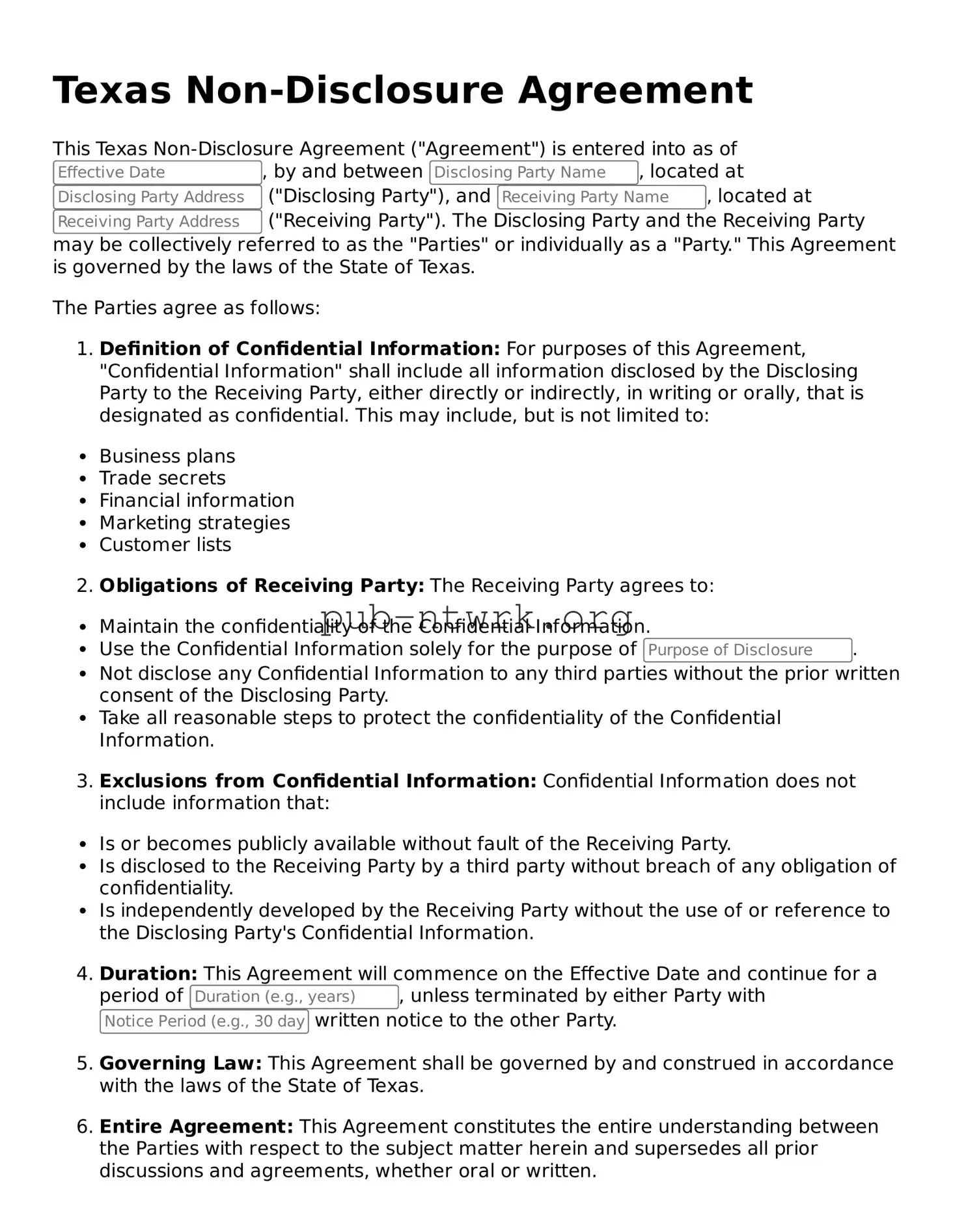 Free Texas Non-disclosure Agreement Form