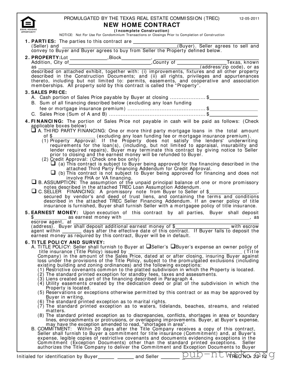 Blank Texas Real Estate Sales Contract PDF Form