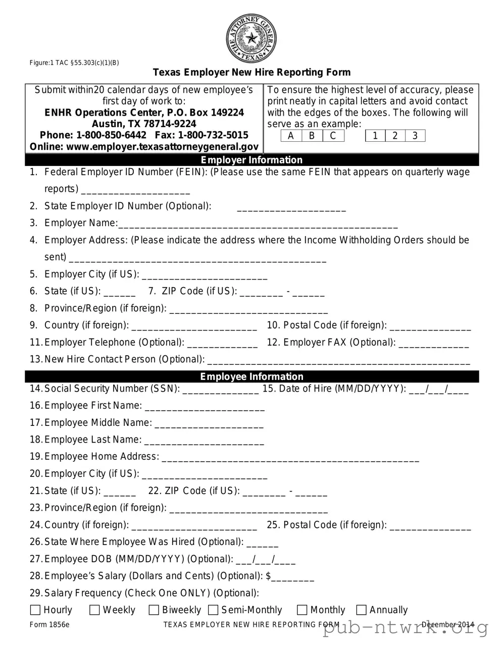 Blank Texas New Hire Reporting PDF Form