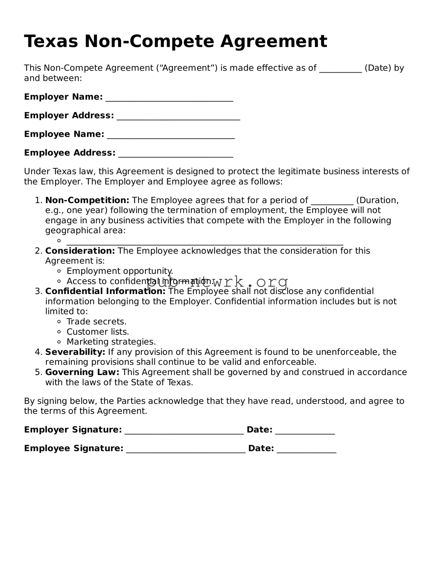 Free Texas Non-compete Agreement Form