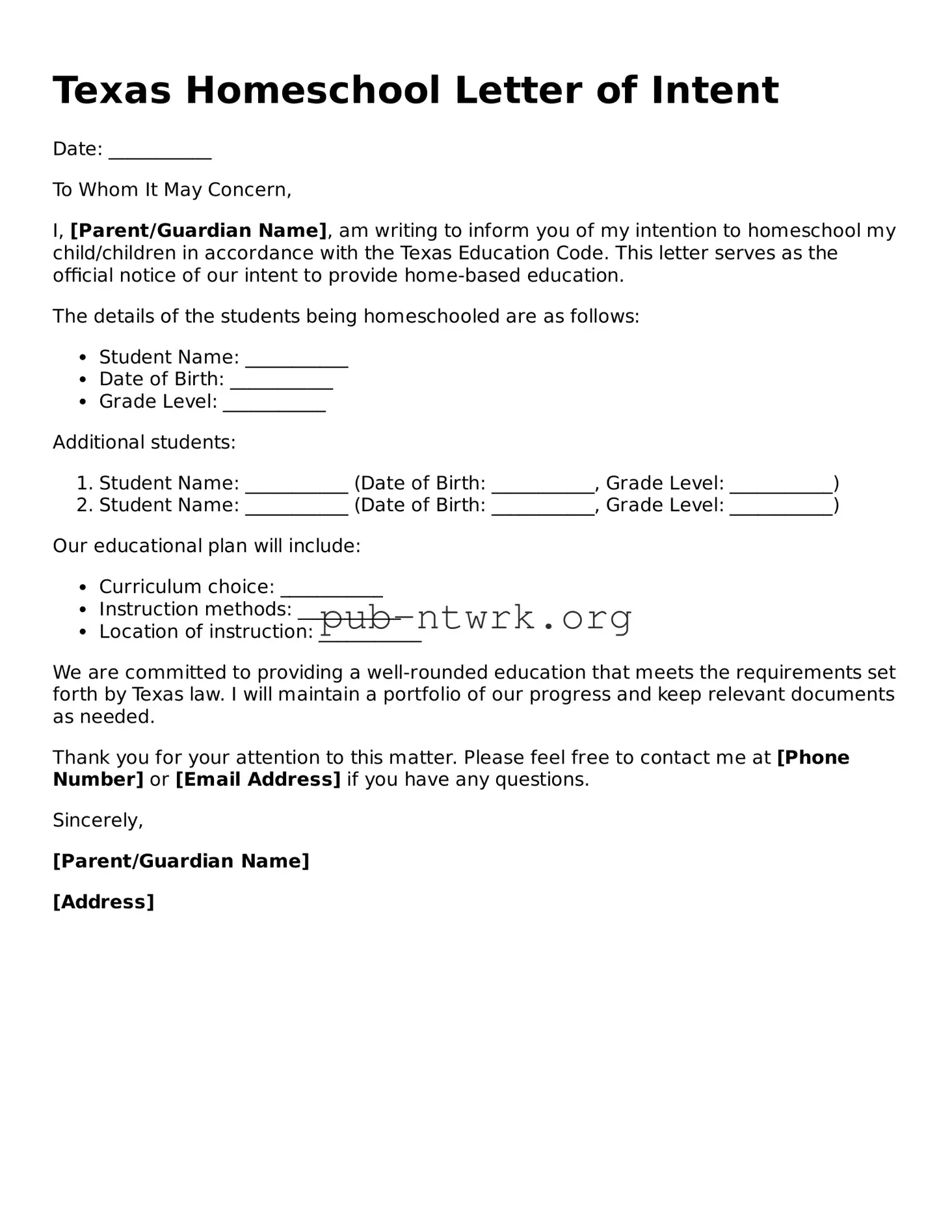 Free Texas Homeschool Letter of Intent Form