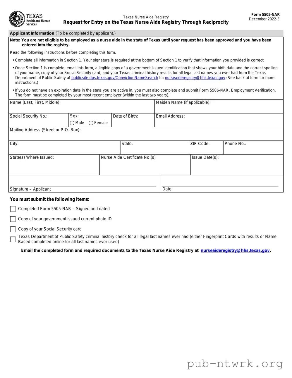 Blank Texas Nurse Aide Registry 5505-NAR PDF Form