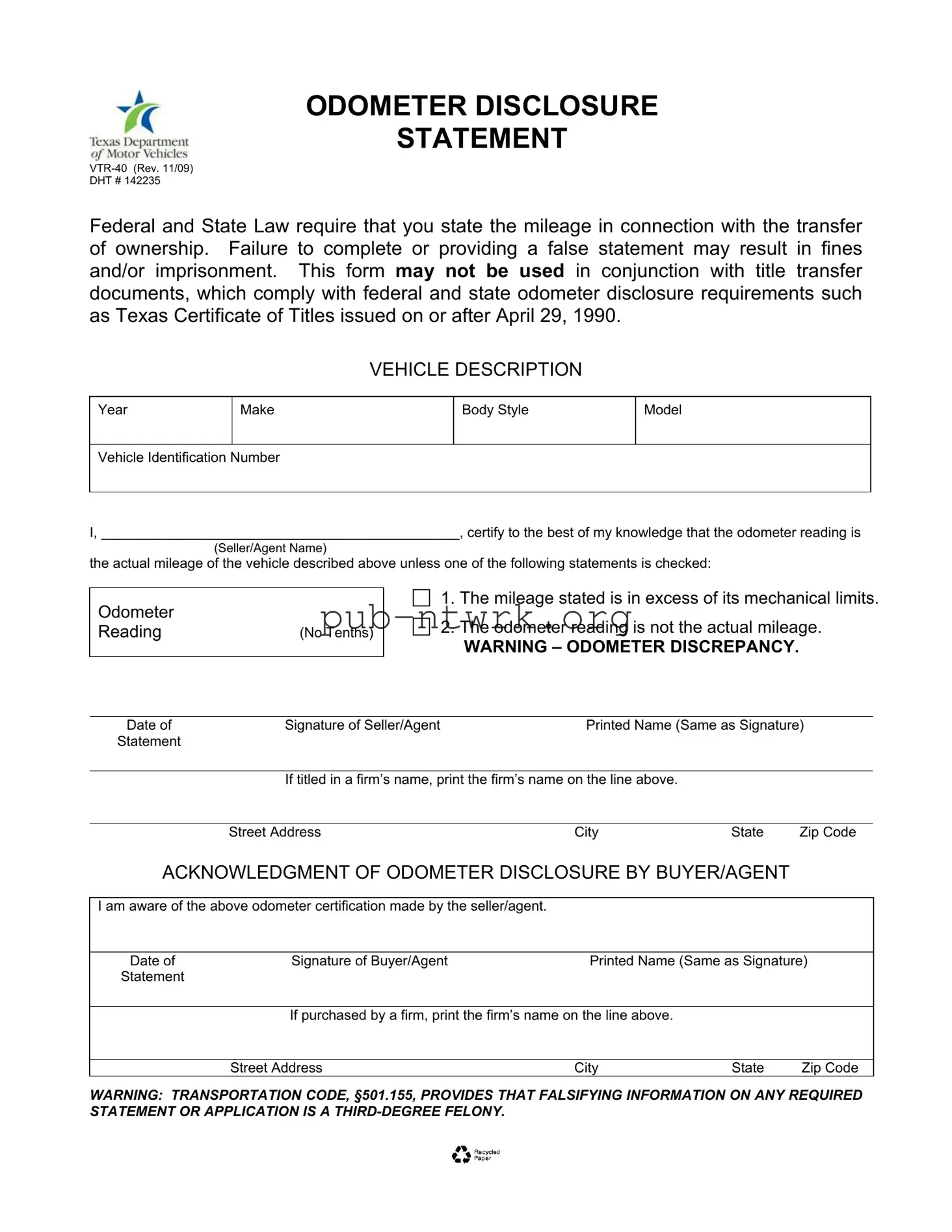 Blank Texas Odometer Statement PDF Form