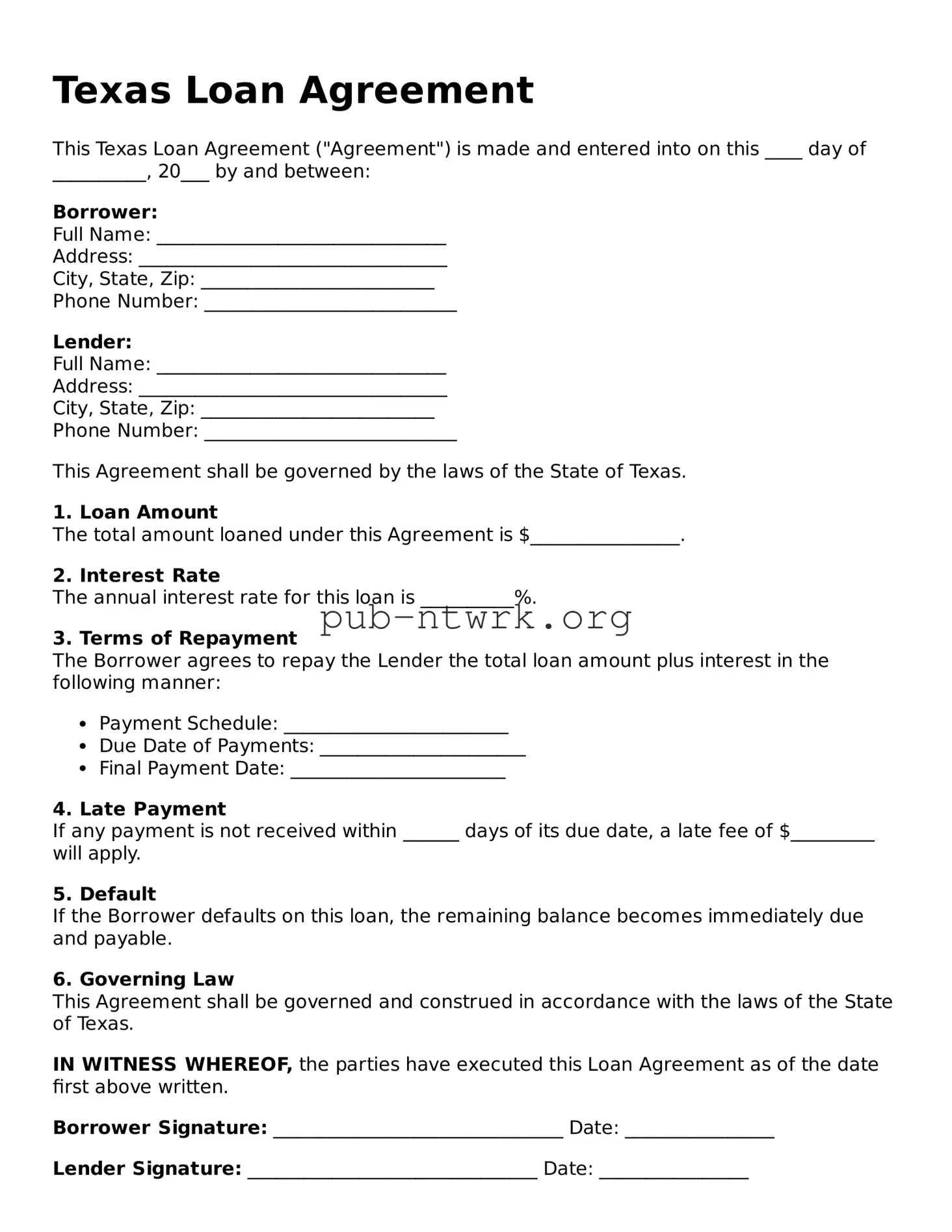 Free Texas Loan Agreement Form