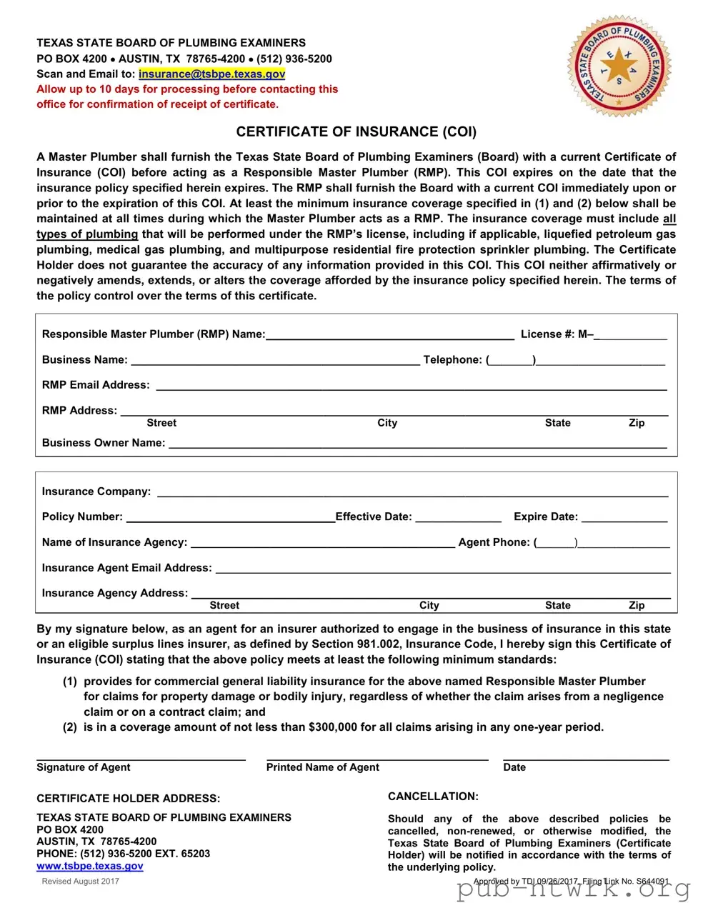 Blank Texas Certificate Insurance PDF Form