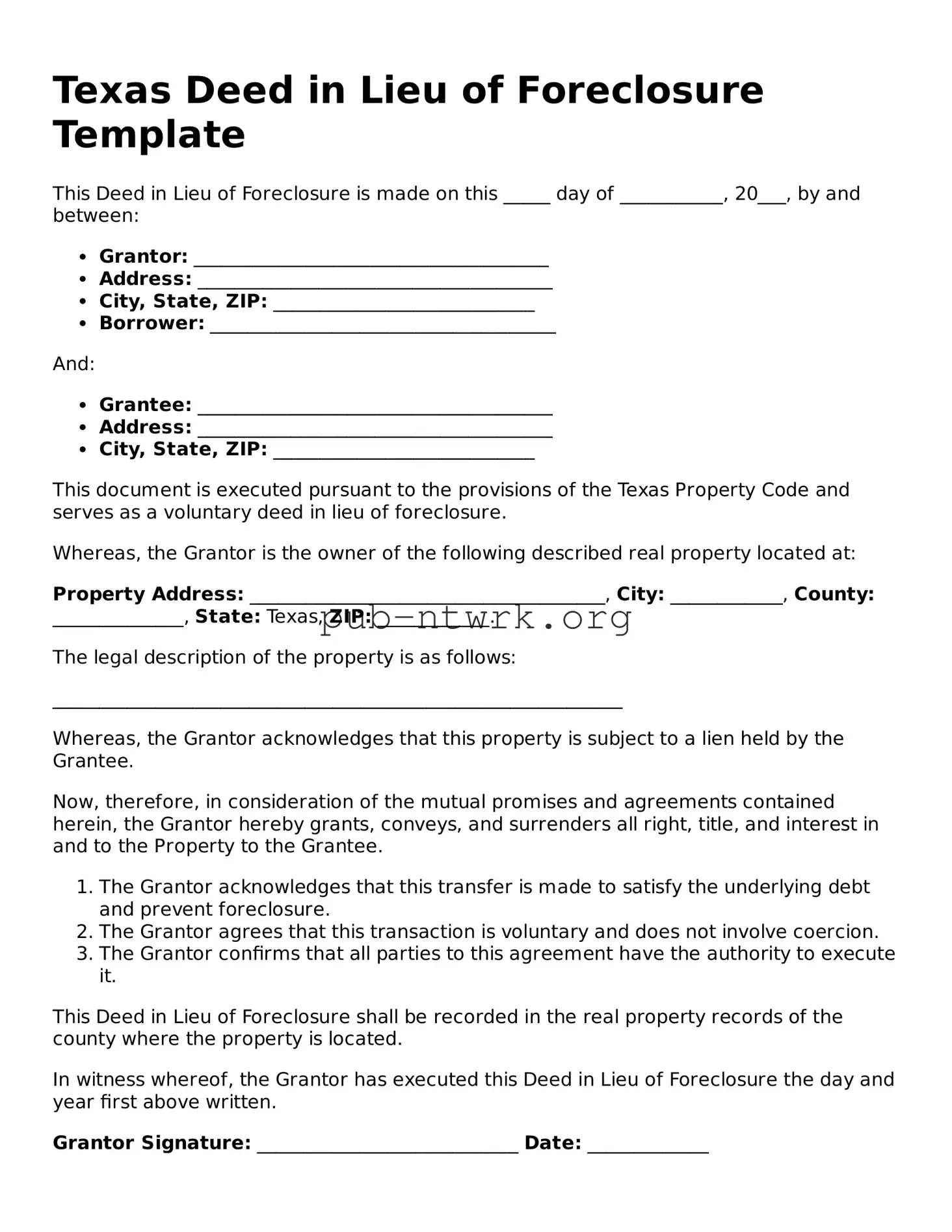 Free Texas Deed in Lieu of Foreclosure Form