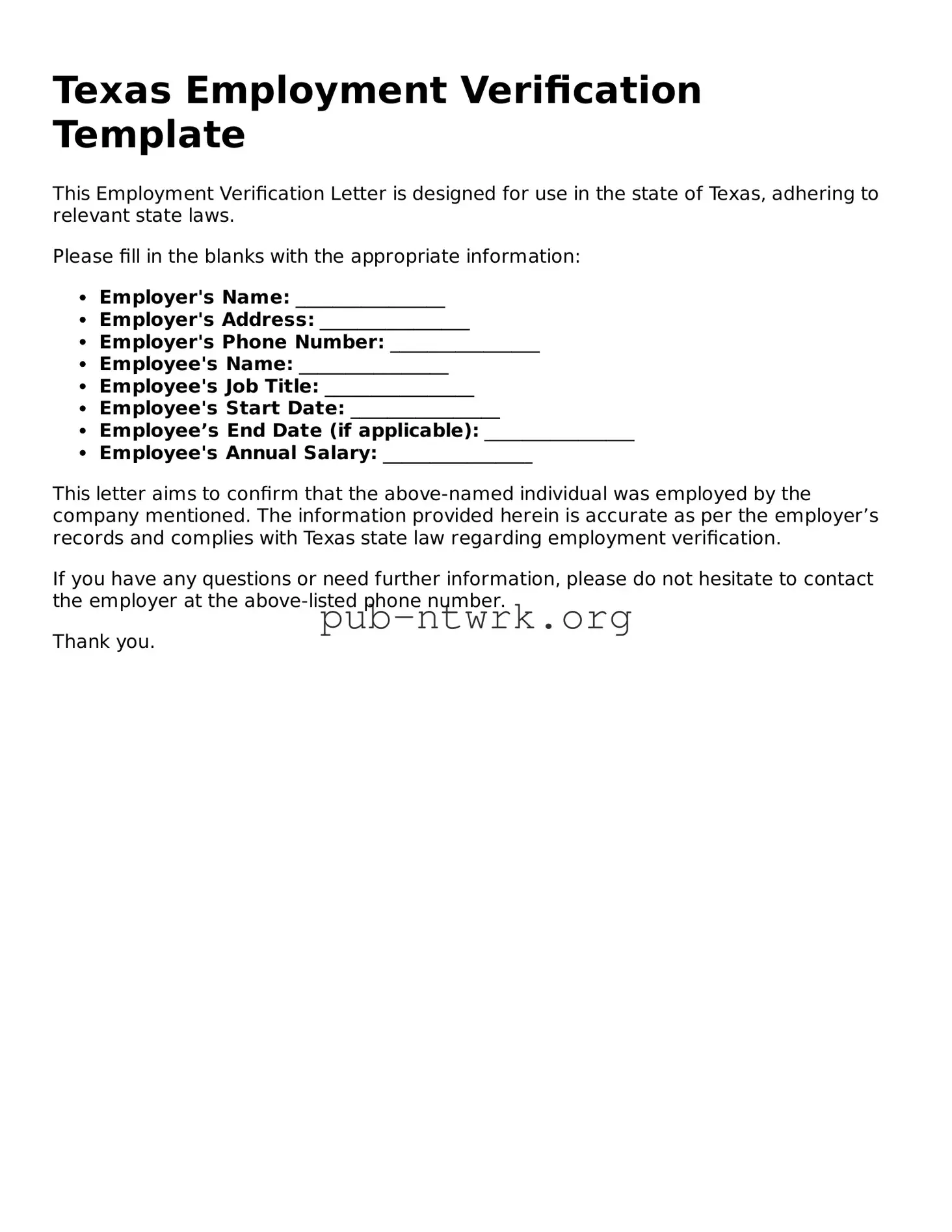 Free Texas Employment Verification Form