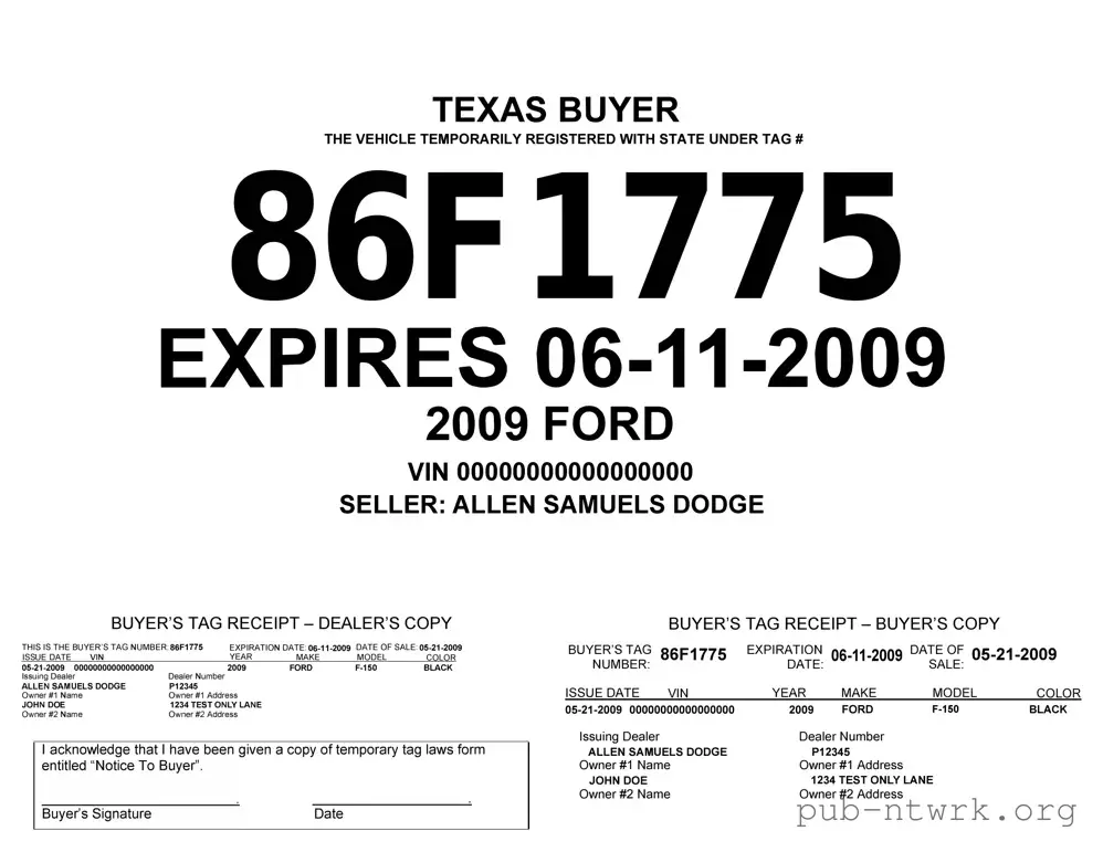 Blank Texas Temporary Tag PDF Form