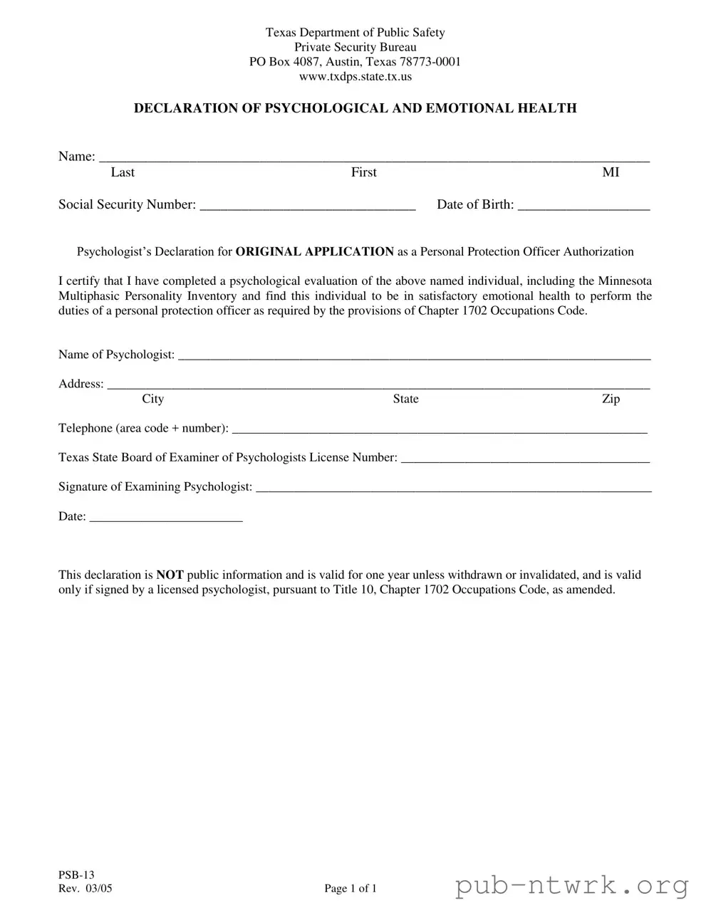 Blank Texas Psb 13 PDF Form