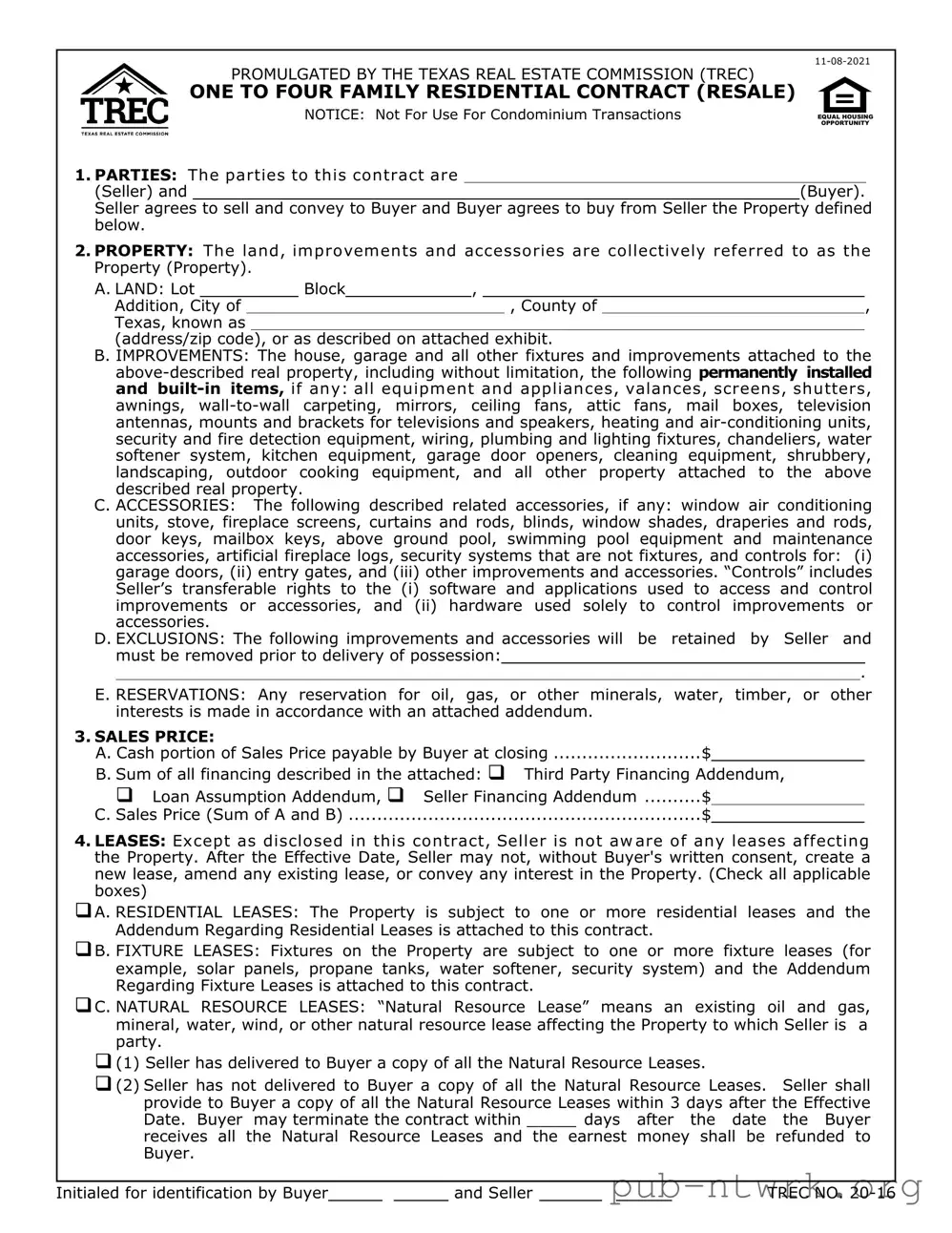 Blank Texas Trec Residential Contract PDF Form