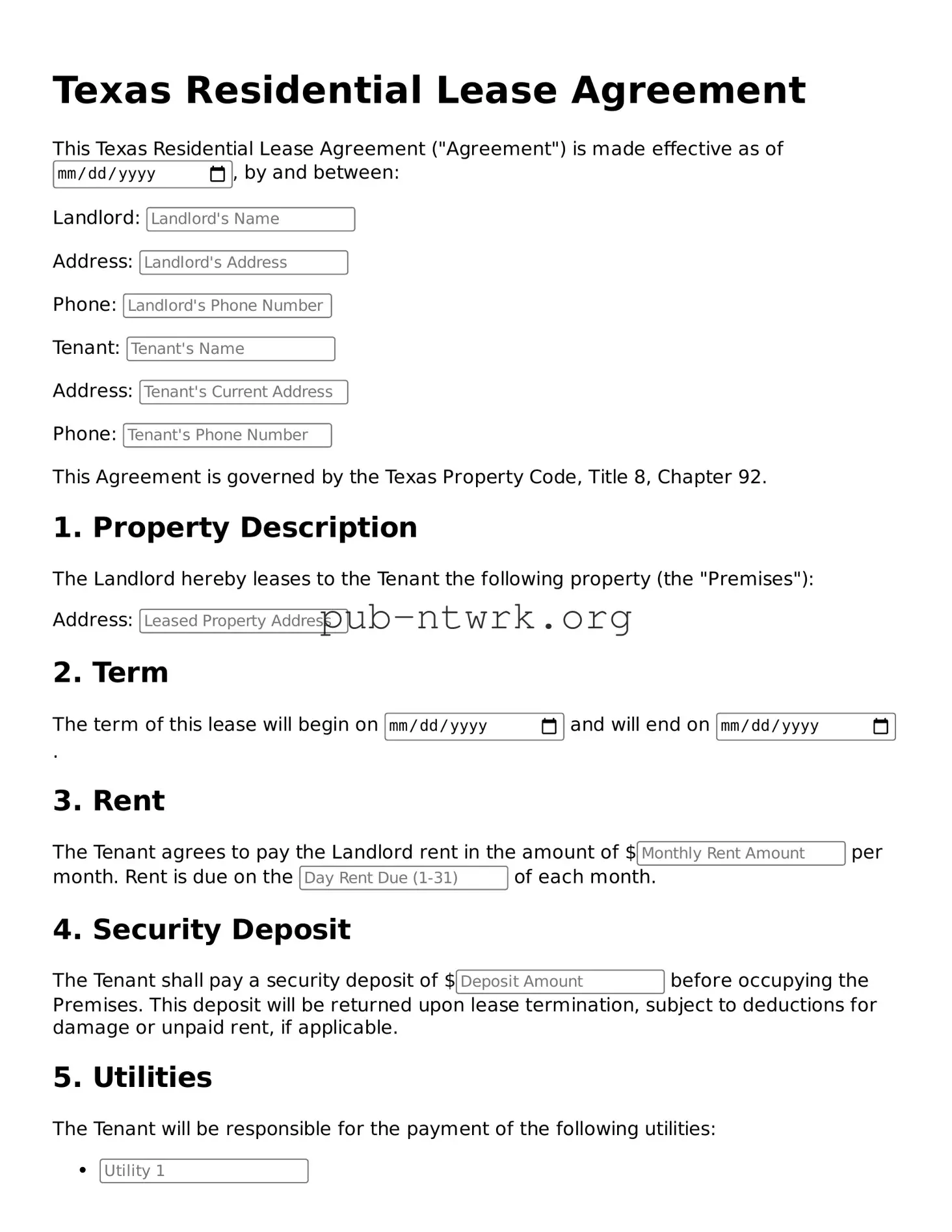 Free Texas Residential Lease Agreement Form