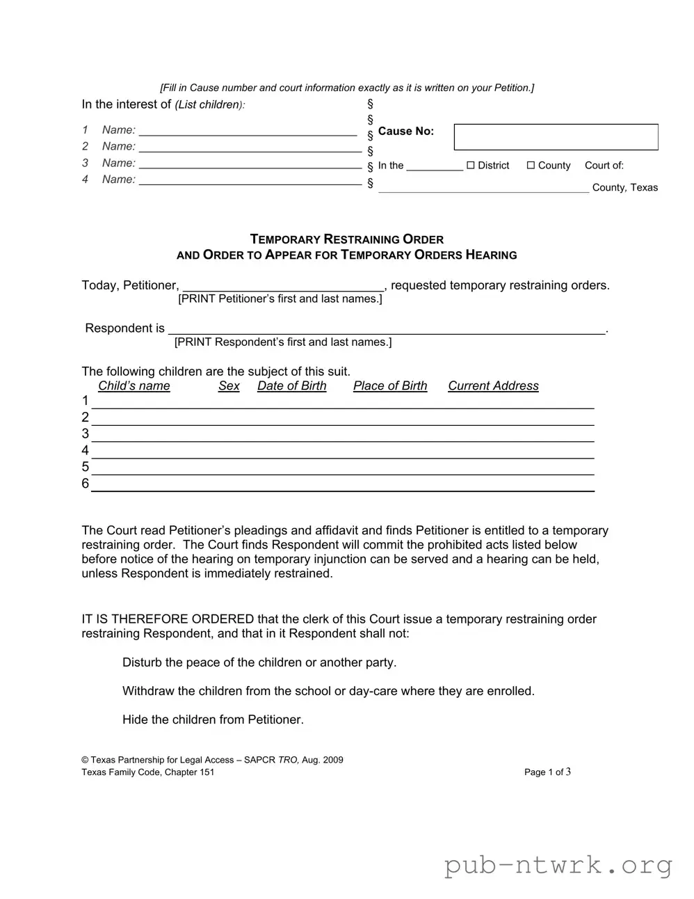 Blank Texas Temporary Restraining Order PDF Form