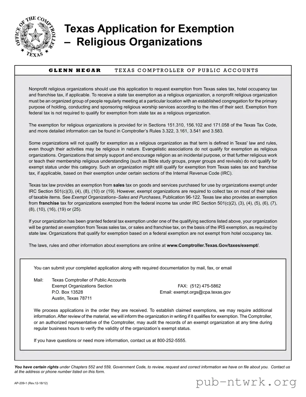 Blank Texas Application Exemption PDF Form