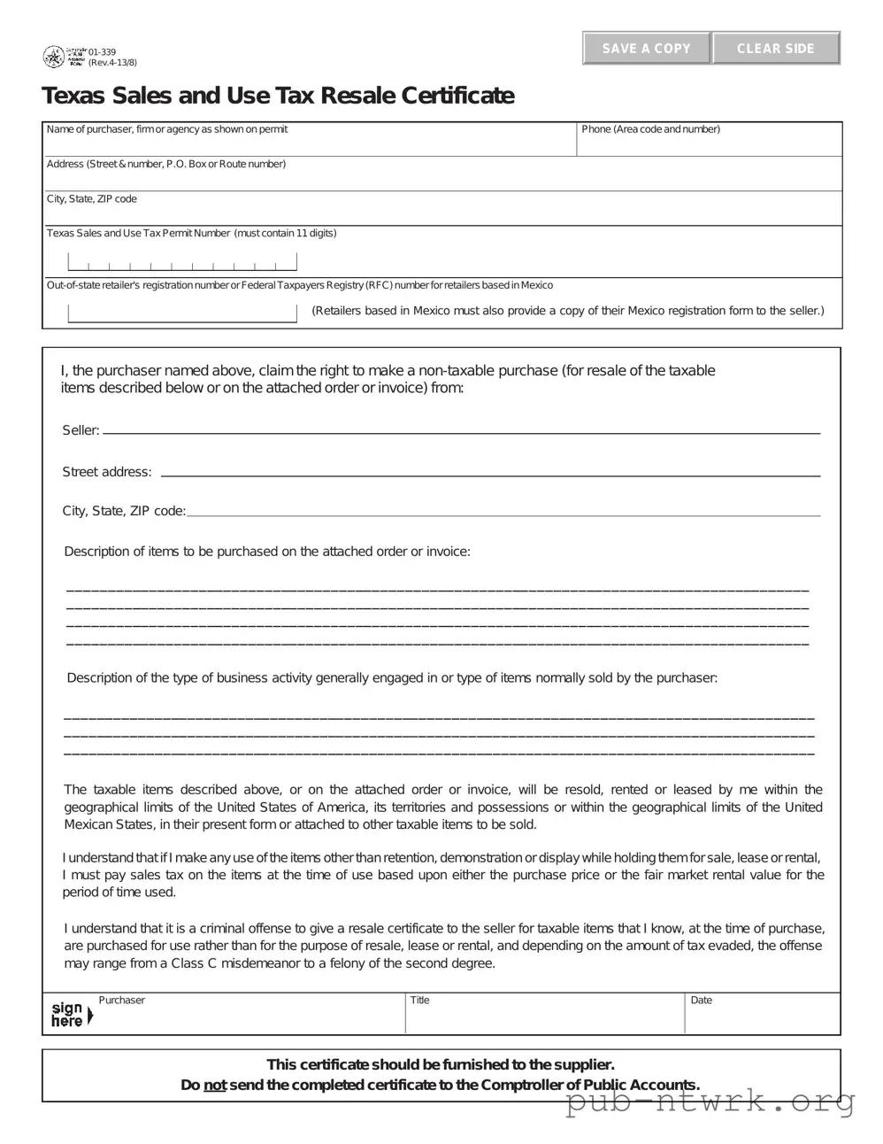 Blank Texas Resale Certificate 01 339 PDF Form
