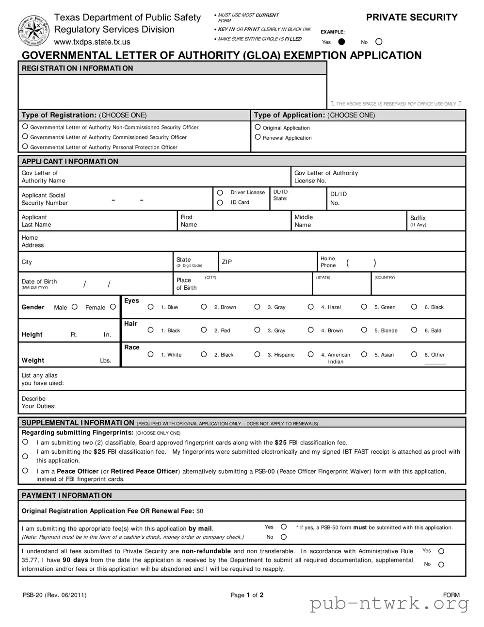 Blank Texas Psb 20 PDF Form