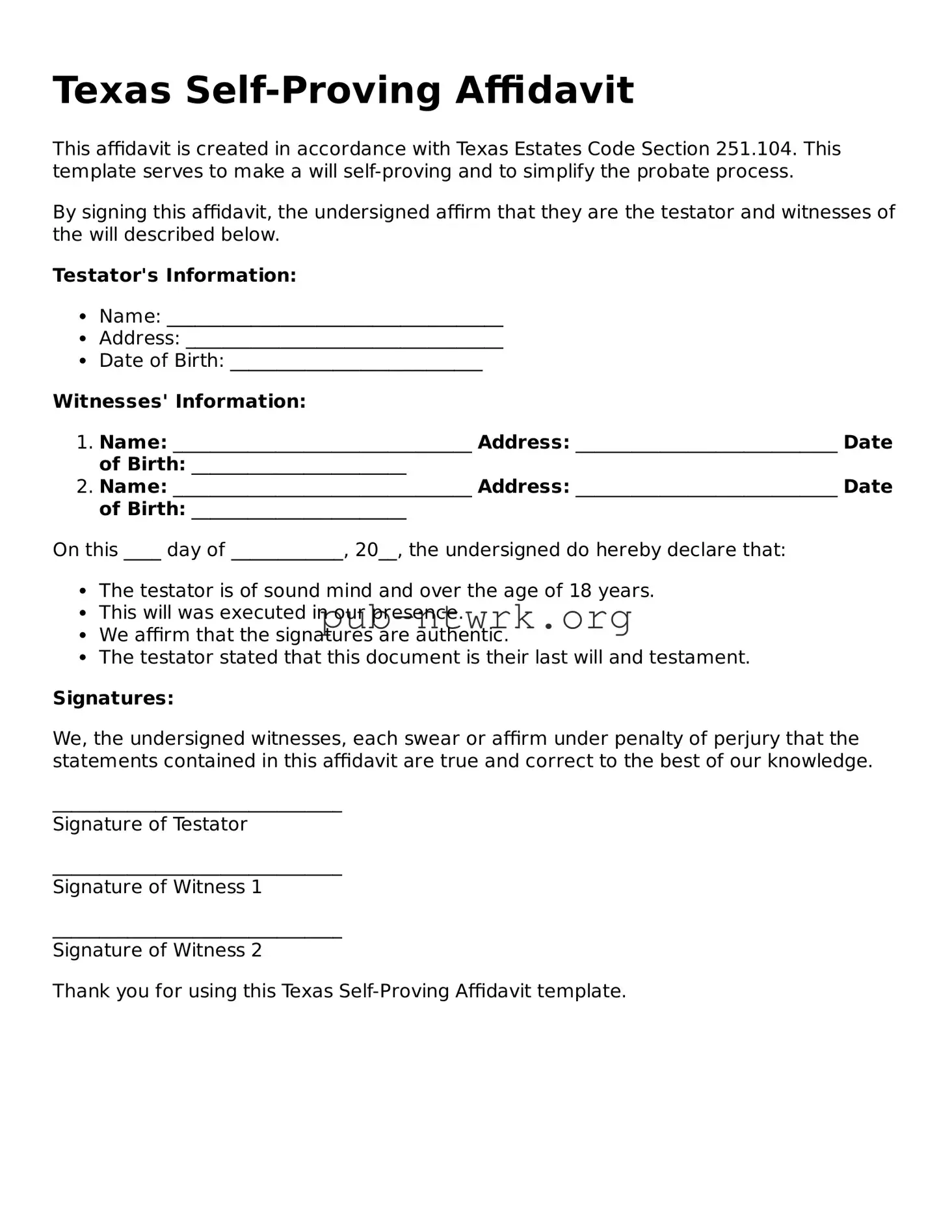 Free Texas Self-Proving Affidavit Form