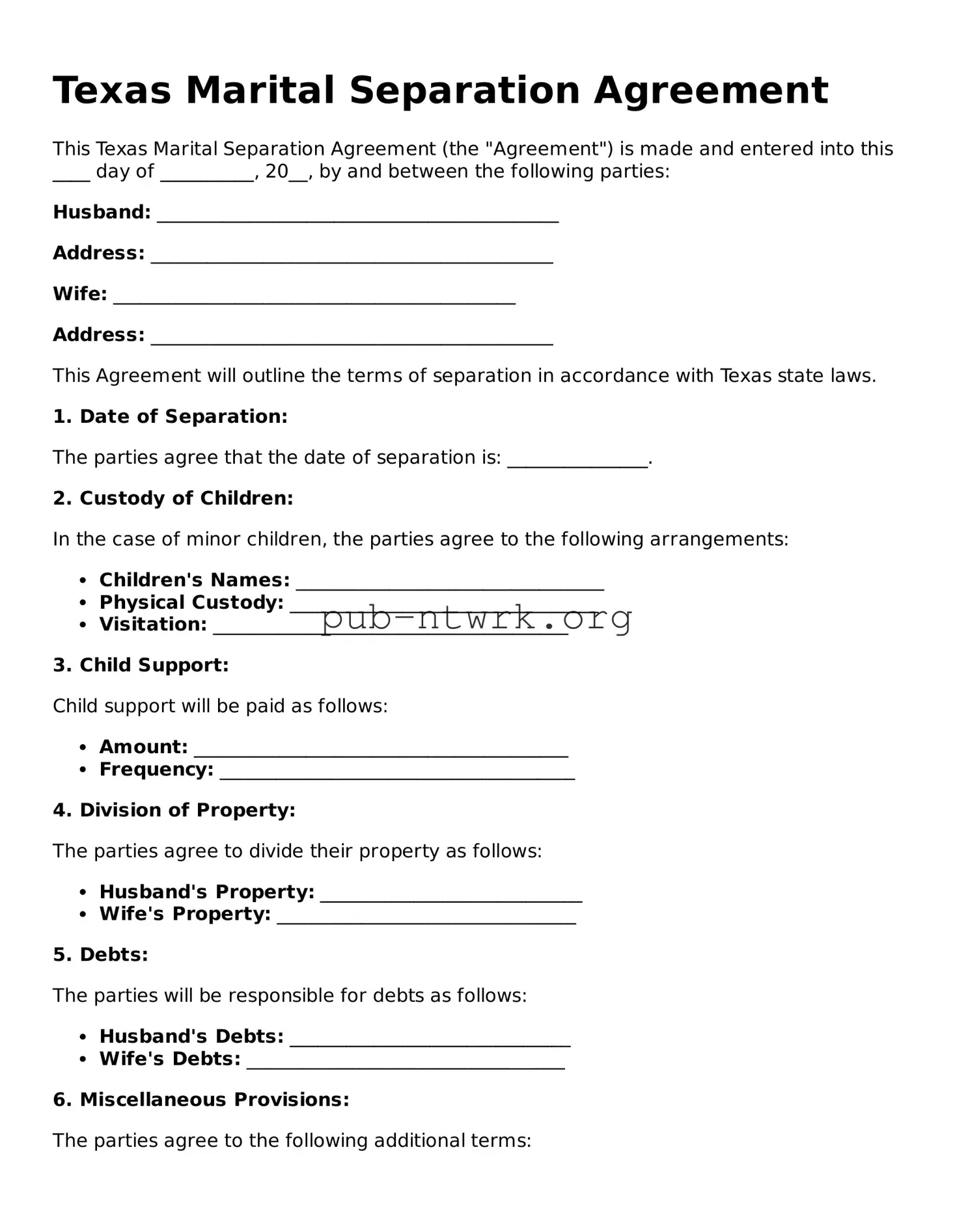 Free Texas Marital Separation Agreement Form