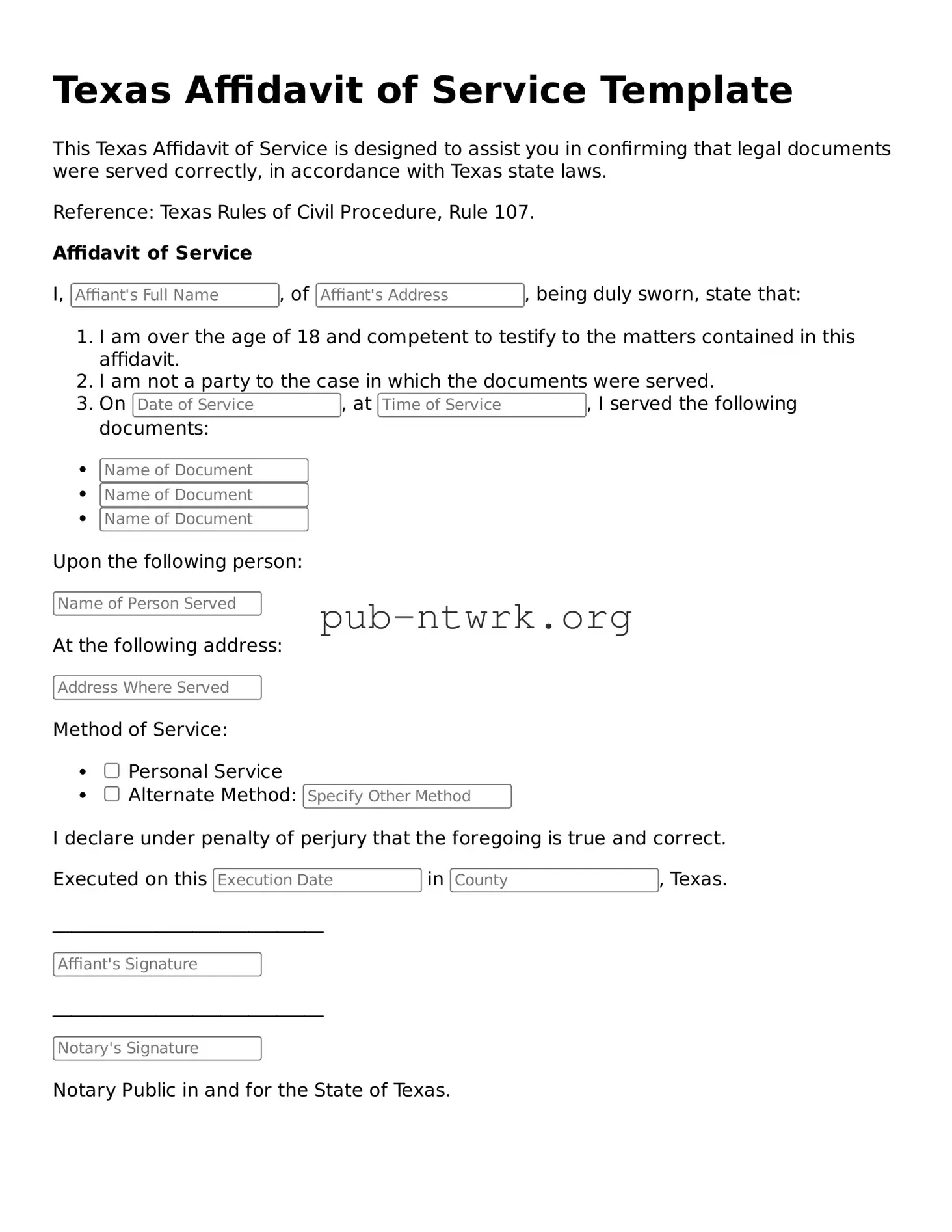 Free Texas Affidavit of Service Form