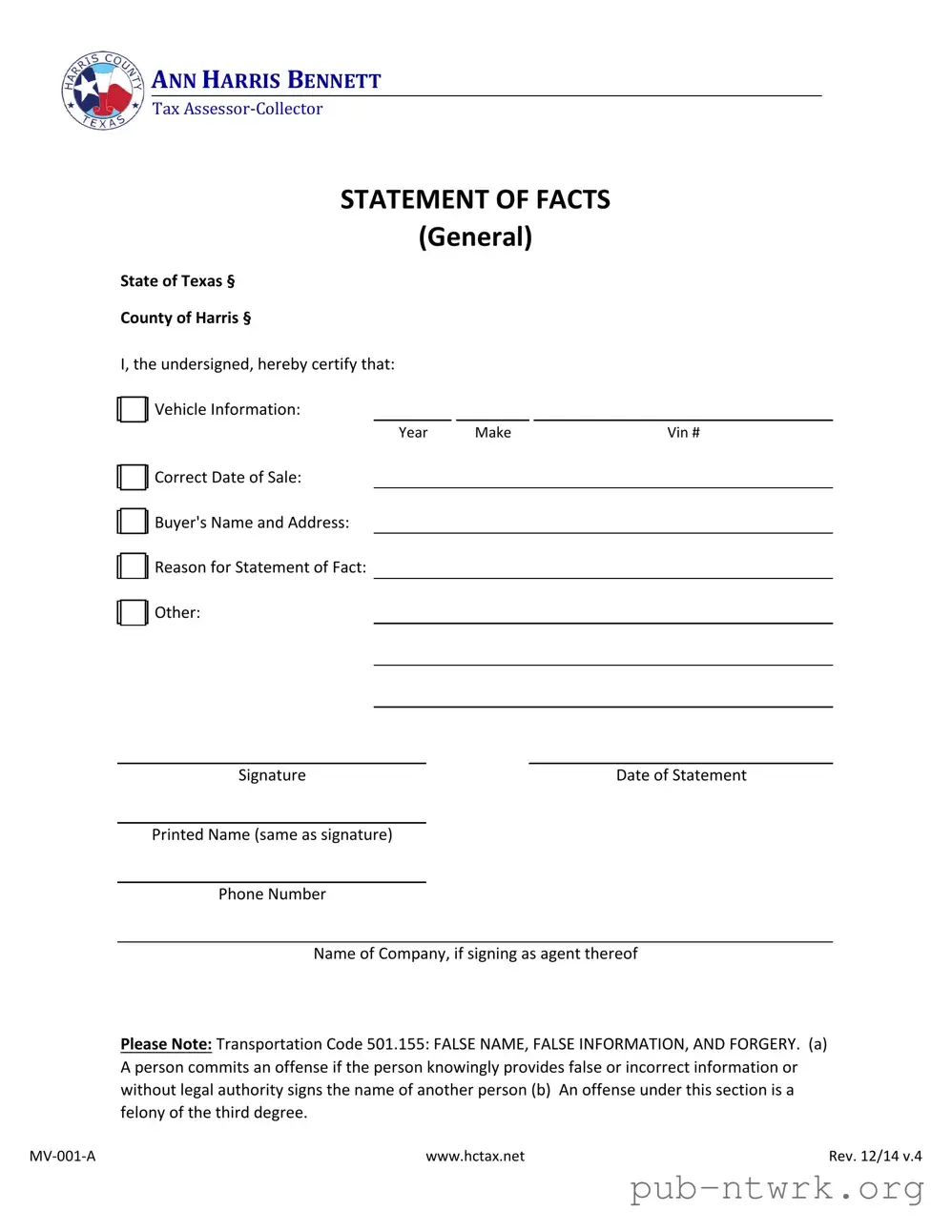 Blank Statement Of Fact Texas PDF Form