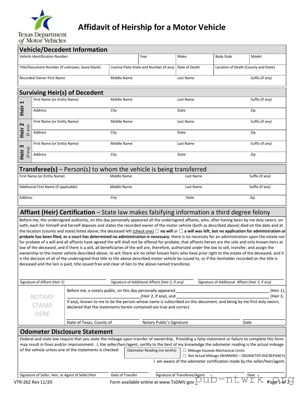 Blank Texas Vtr 262 PDF Form