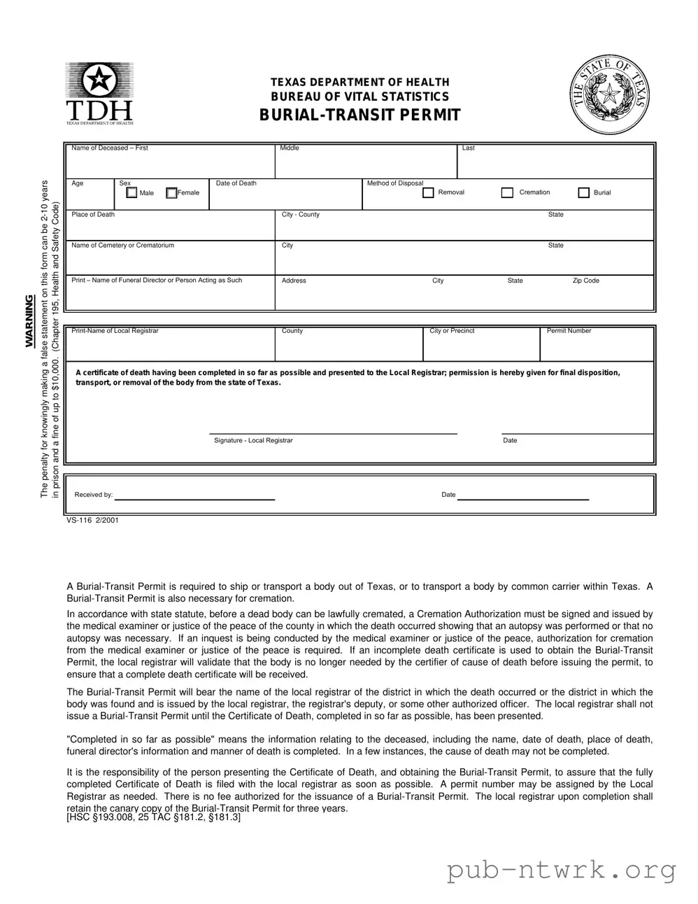 Blank Texas Burial Transit Permit PDF Form