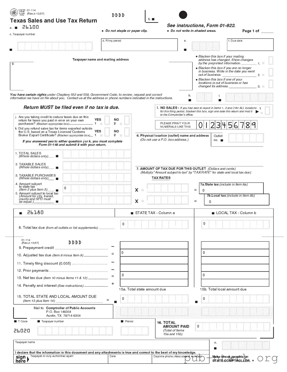 Blank Texas Sales 01 922 PDF Form
