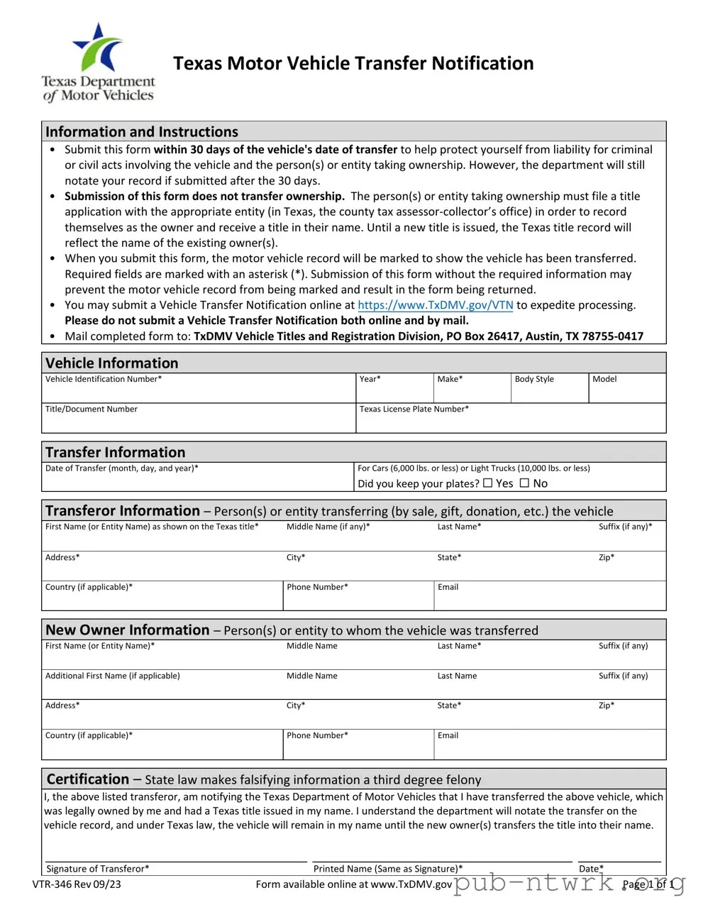 Blank Texas Vtr 346 PDF Form