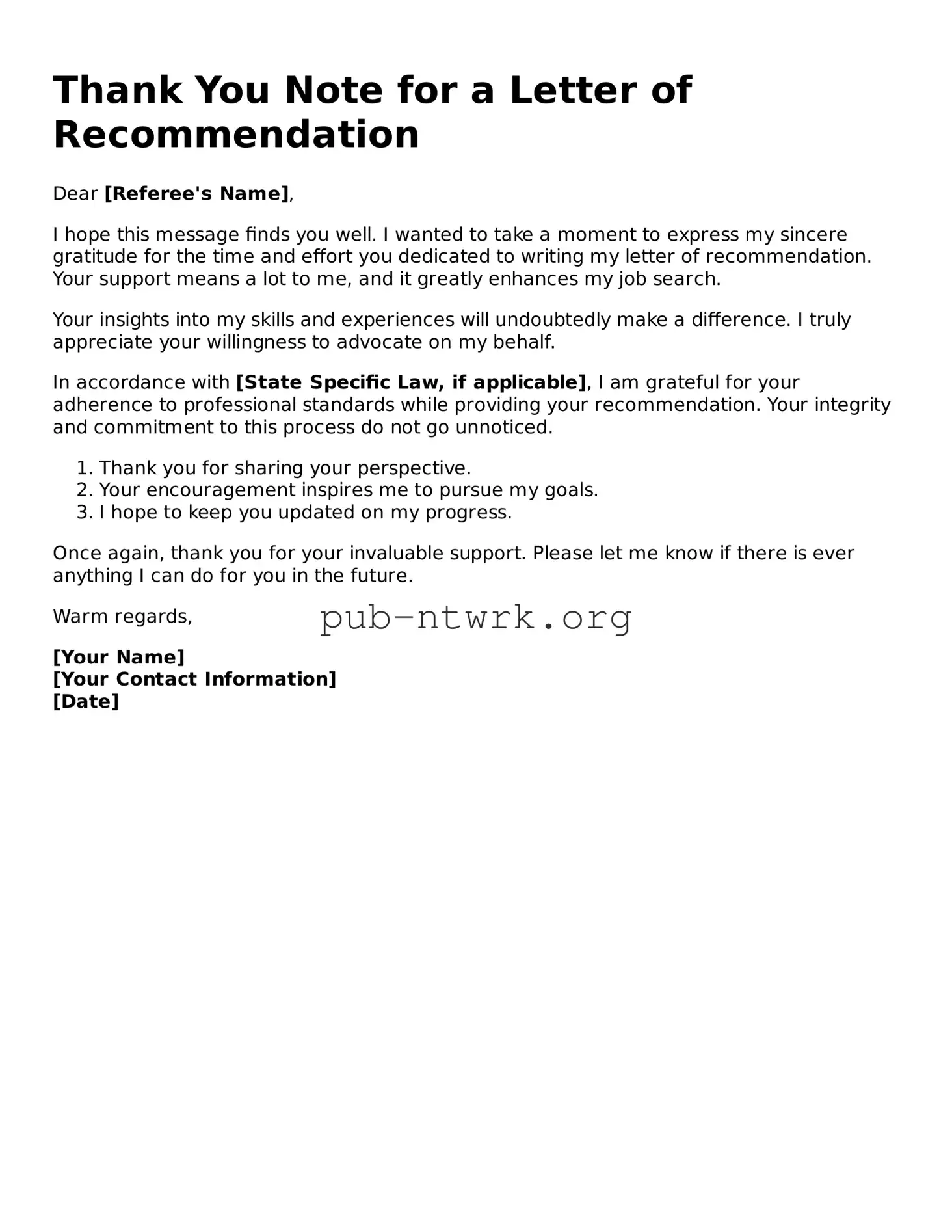 Legal Thank You Note for a Letter of Recommendation Form