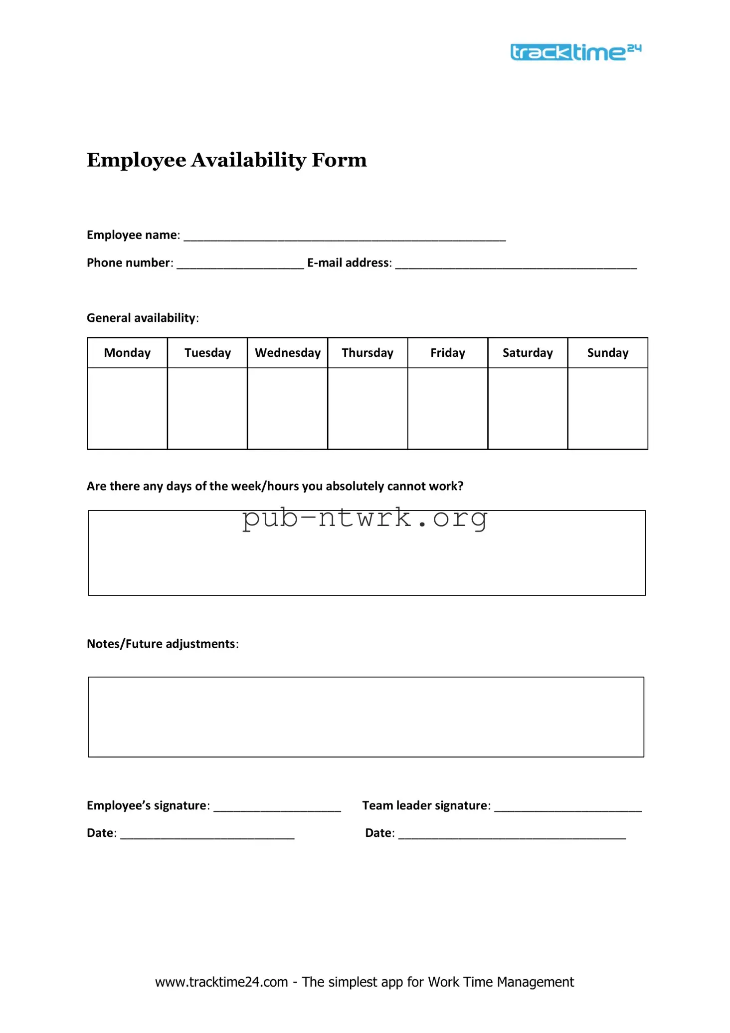 Blank Employee Availability PDF Form