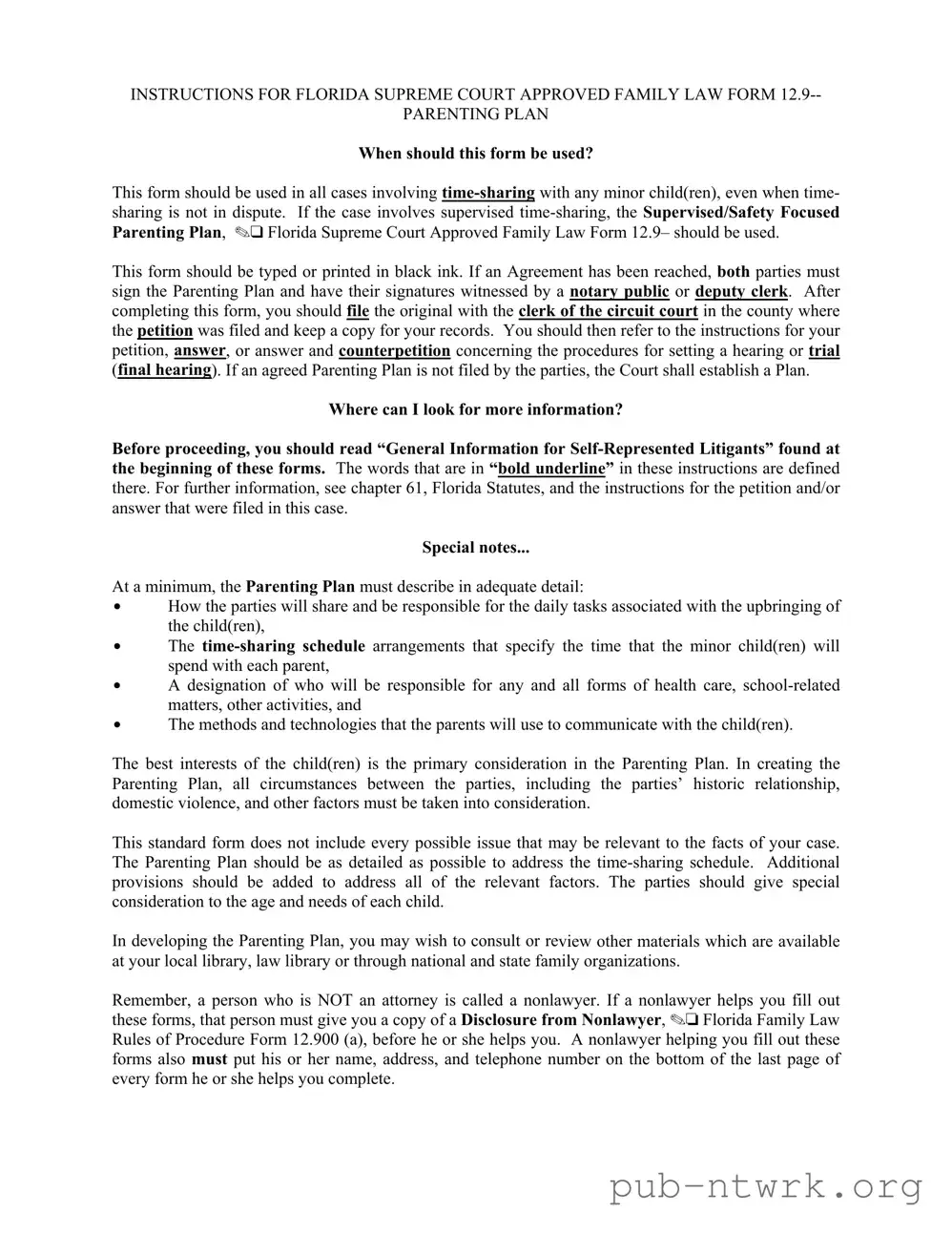 Blank Parenting Plan Examples Florida PDF Form