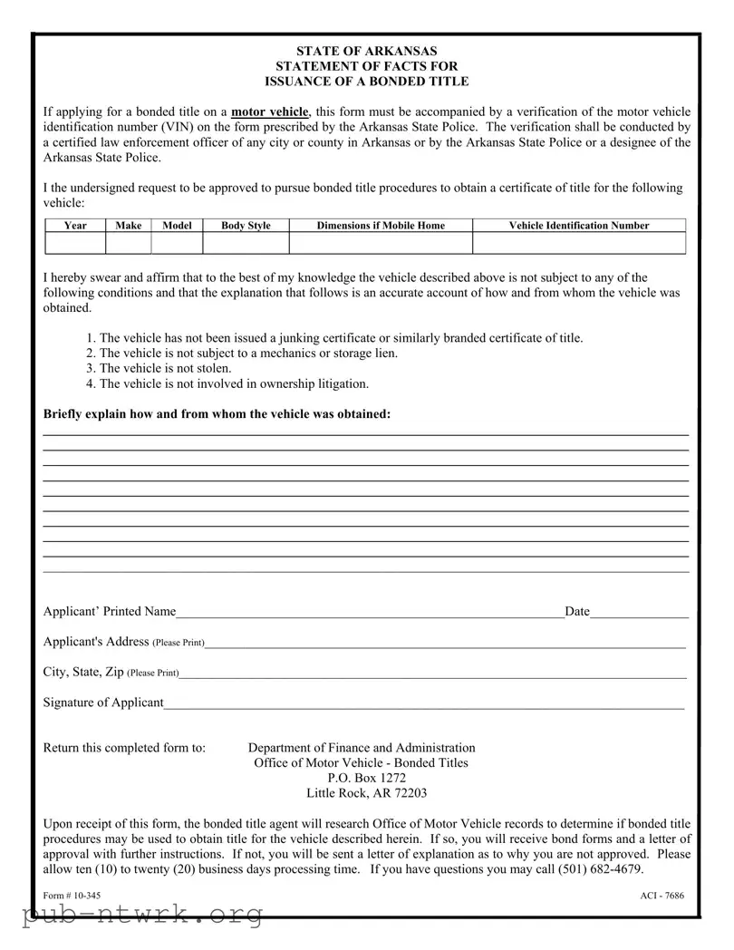 Blank Bonded Title Arkansas PDF Form