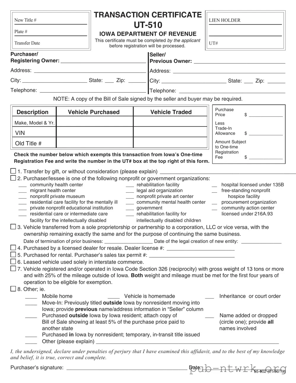 Blank Ut 510 Iowa PDF Form