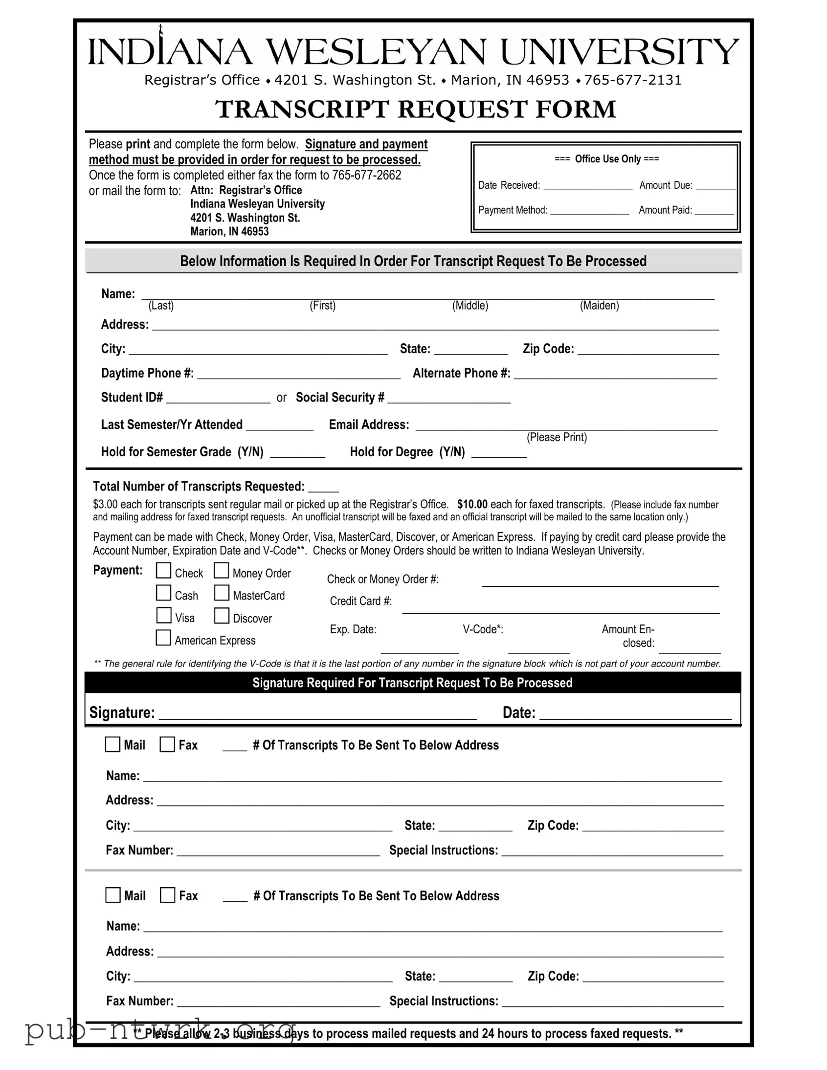 Blank Indiana Transcript Request PDF Form