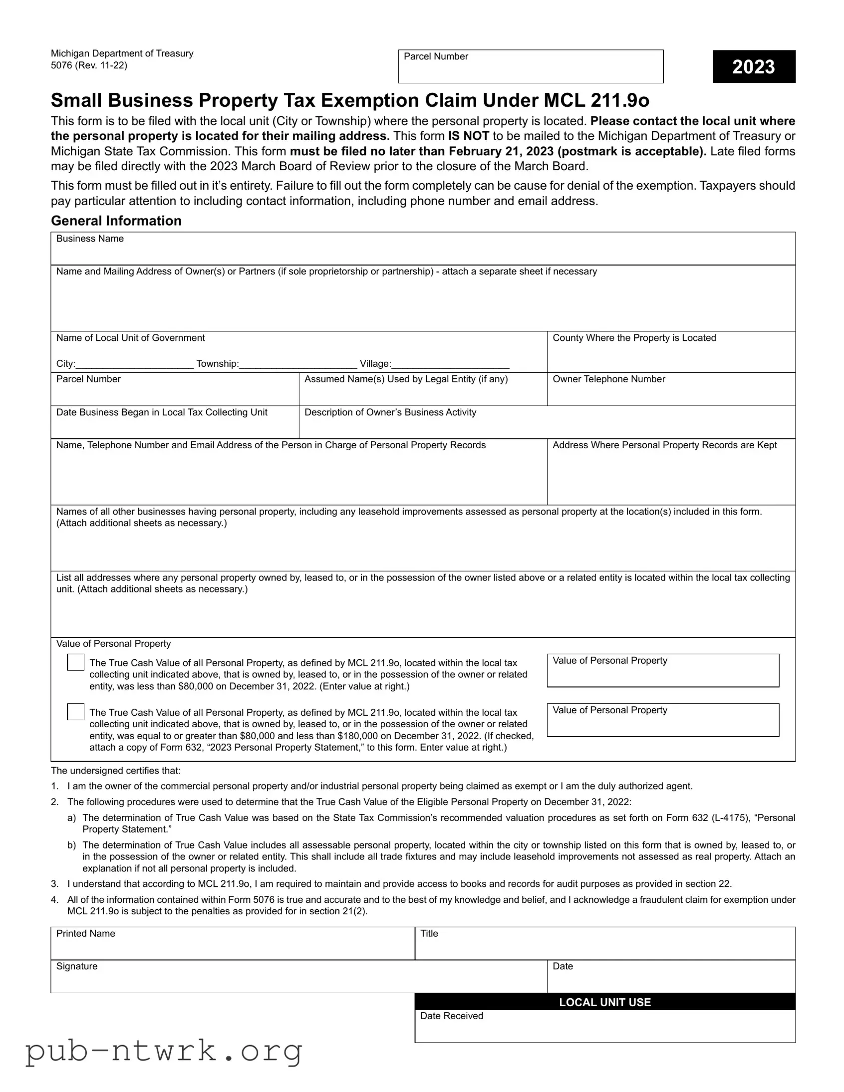 Blank Michigan Exemption PDF Form